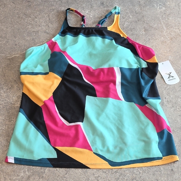 (J47) Xersion Green and Pink Graphic Fitted Camisole Swim Top ONLY - Picture 1 of 5